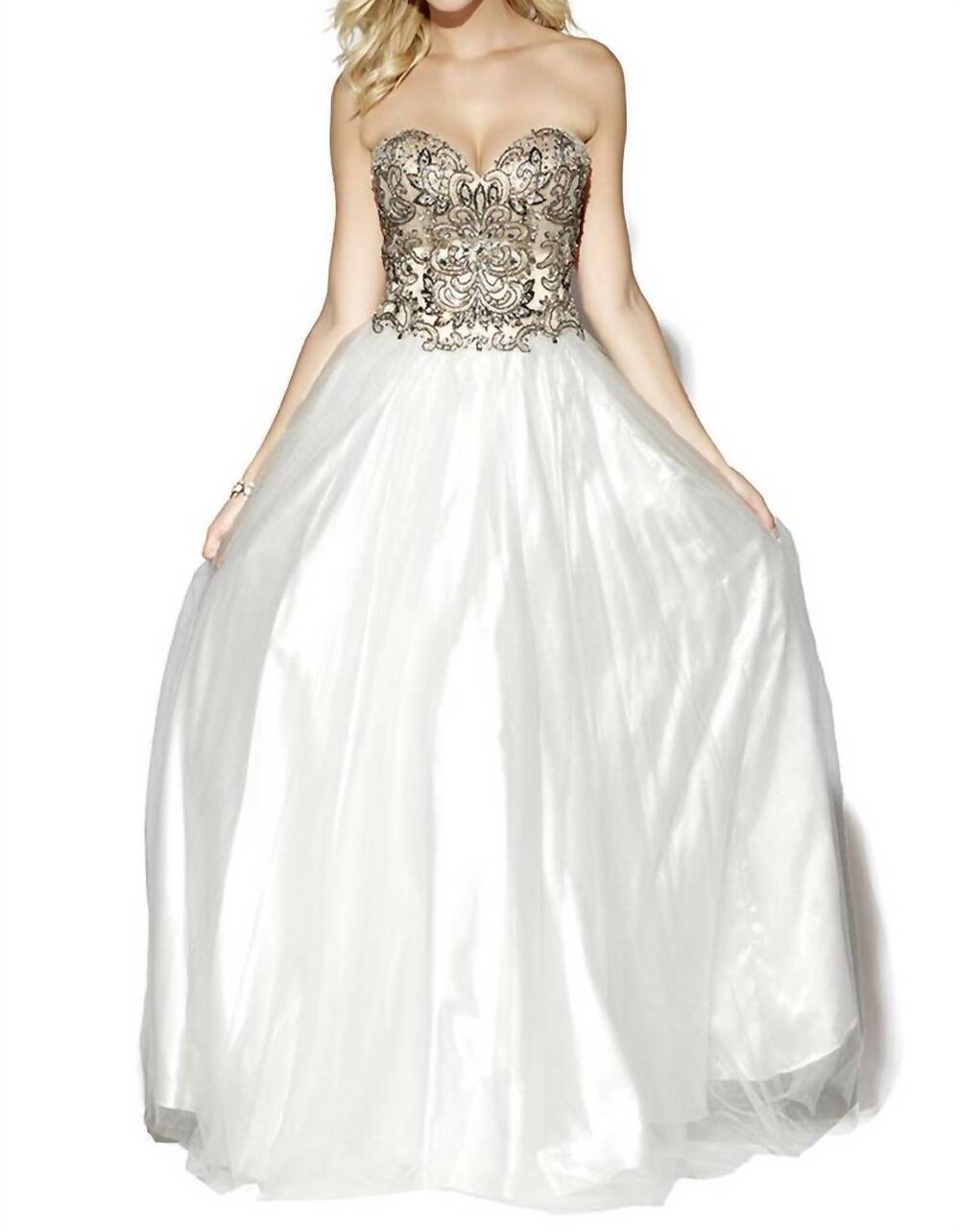 NEW JOSH & JAZZ embroidered tulle prom dress in ivory/nude